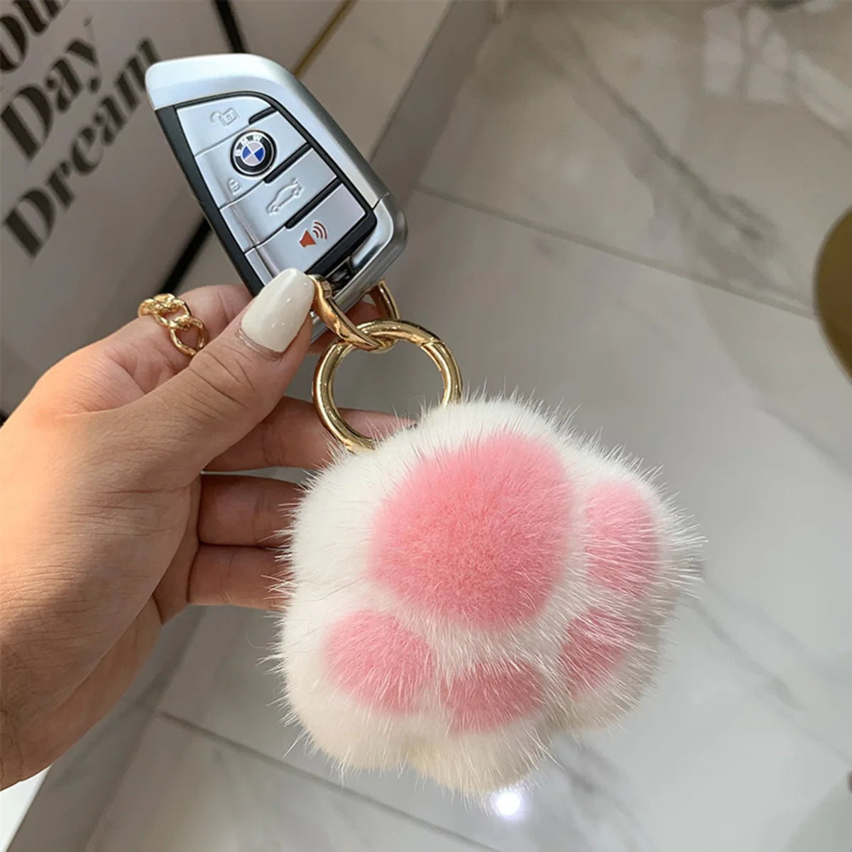 Trendy Cute Cat Paw Plush Keychain Bag Pendant Combo Made of Soft Imitation Mink