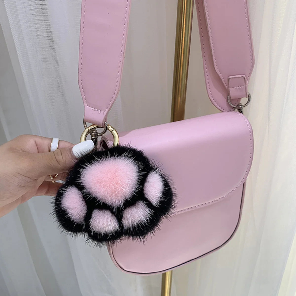 Trendy Cute Cat Paw Plush Keychain Bag Pendant Combo Made of Soft Imitation Mink