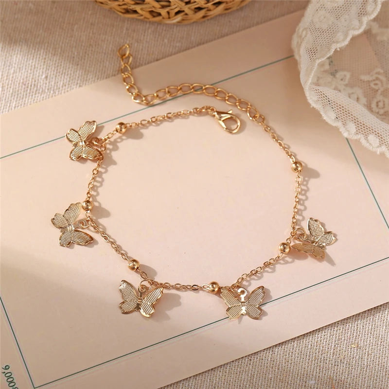 Bohemian Gold Siilver Color Butterfly Anklets For Women Fashion Beads Anklet Summer Beach Ankle Bracelet Foot Chain Jewelry