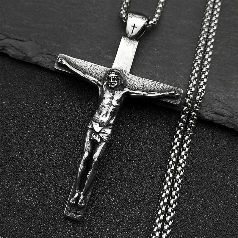 Stainless Steel Christian Jesus Cross Crucifix Pendants Necklaces for Men Women Silver Color Chain Necklaces Jewelry Gift