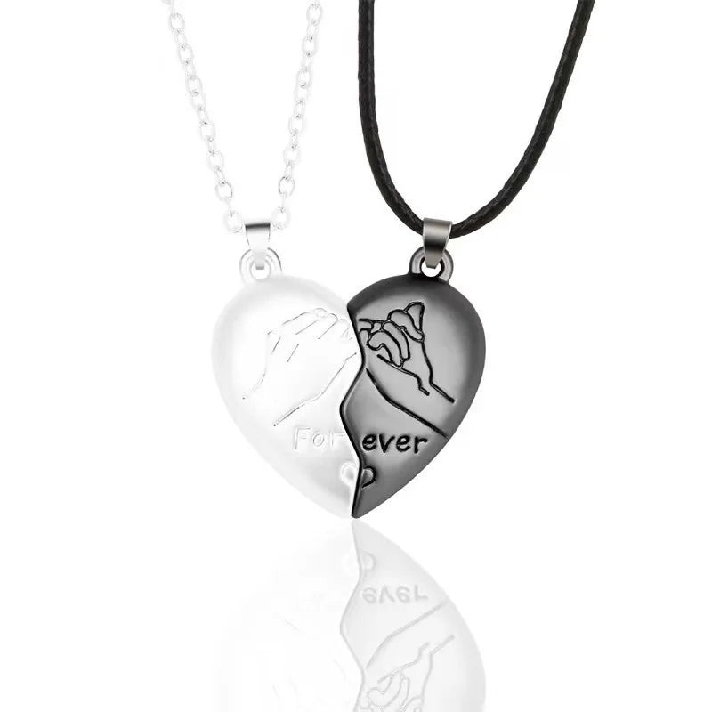 2Pcs Magnet Heart Forever Stitching Necklace Set for Women Lover Couple Gift Metal Romantic Hand Pendant Chain Valentine Jewelry