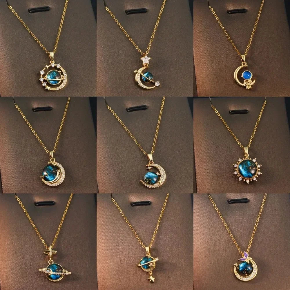 Fashion Planet Moon and Star Opal Pendant Necklace for Women Charm Gold Color Stainless Steel Spaceman Choker Jewelry Accessory