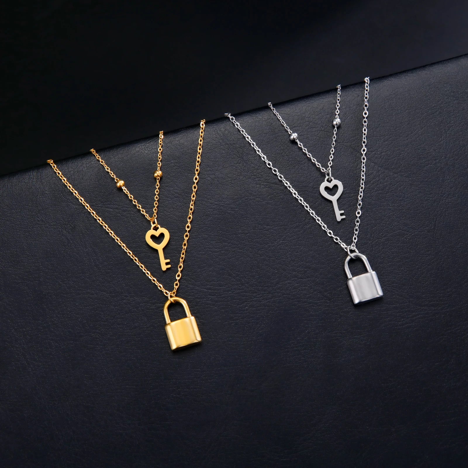 Skyrim Key Padlock Pendant Stainless Steel Necklace Gold Color Women Double Layer Chain Necklaces Trendy Jewelry Wedding Gifts