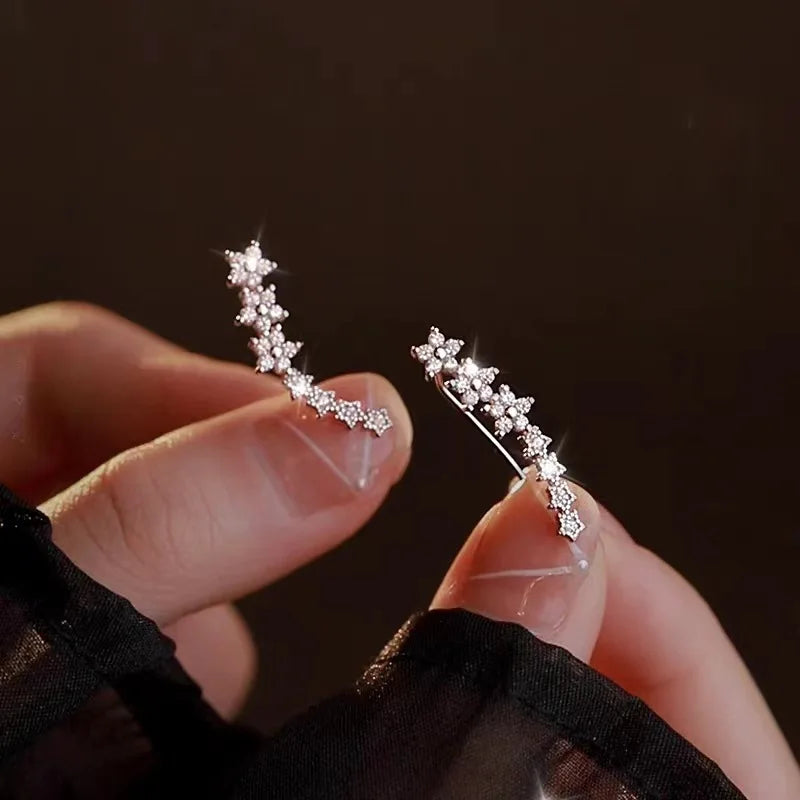 Korean Shiny Zircon Star Flower Climbing Earrings for Women Exquisite Sliver Color Crystal Statement Earrings Jewelry Gifts