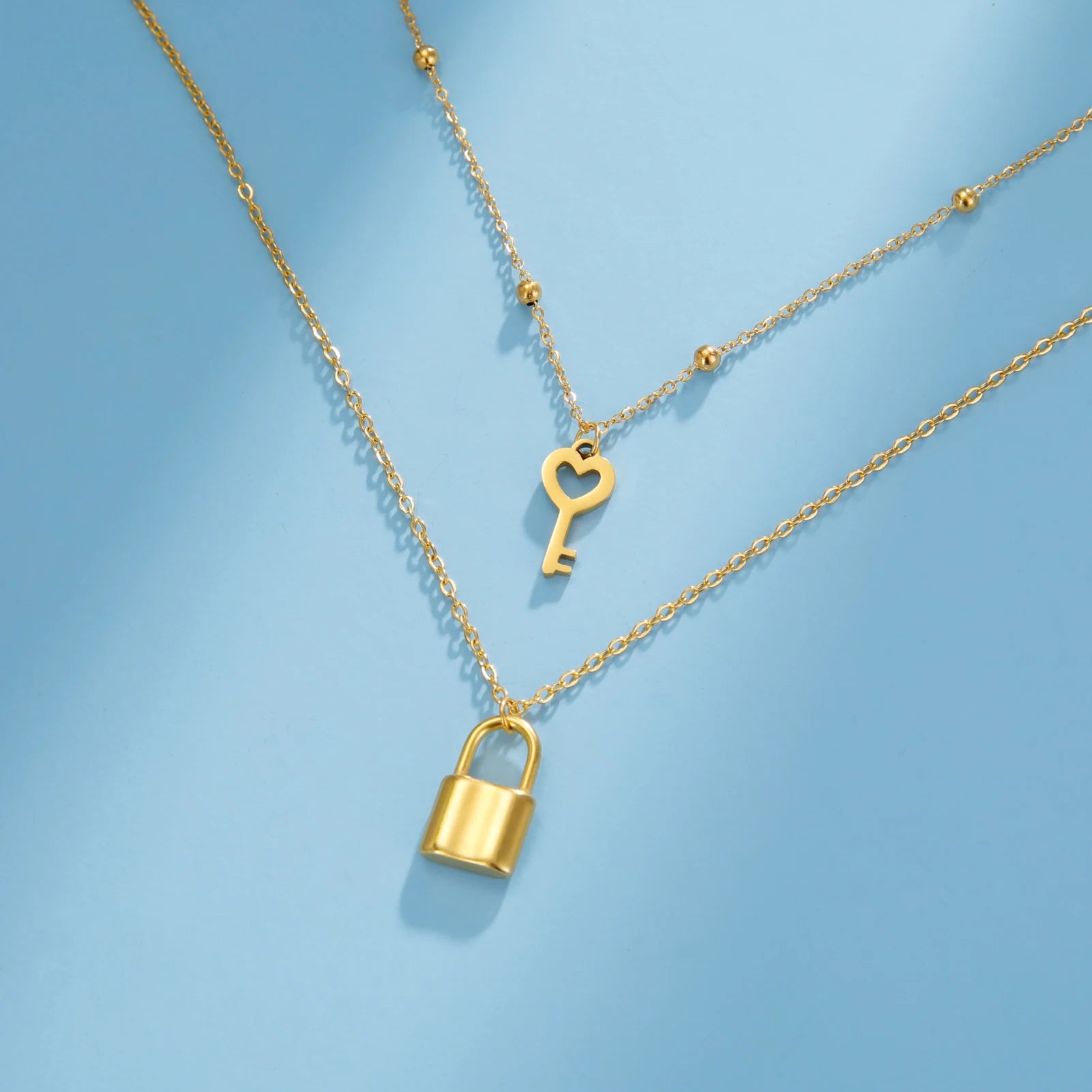 Skyrim Key Padlock Pendant Stainless Steel Necklace Gold Color Women Double Layer Chain Necklaces Trendy Jewelry Wedding Gifts