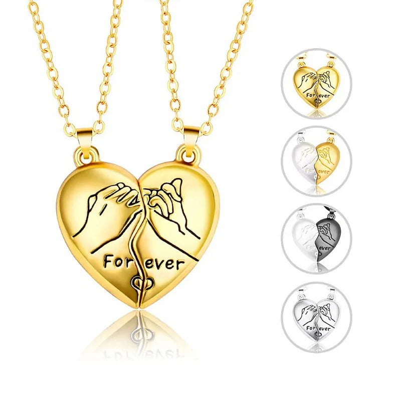 2Pcs Magnet Heart Forever Stitching Necklace Set for Women Lover Couple Gift Metal Romantic Hand Pendant Chain Valentine Jewelry