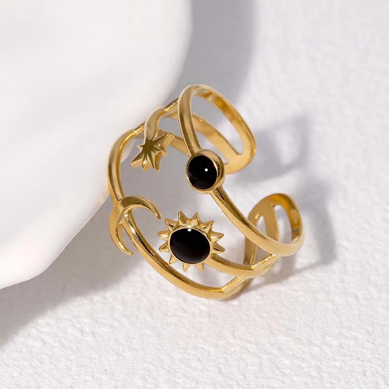 Stainless Steel Star Moon Sun Open Rings For Women Punk Hip Hop Metal Multilayer Finger Rings Jewelry Accessories Gift