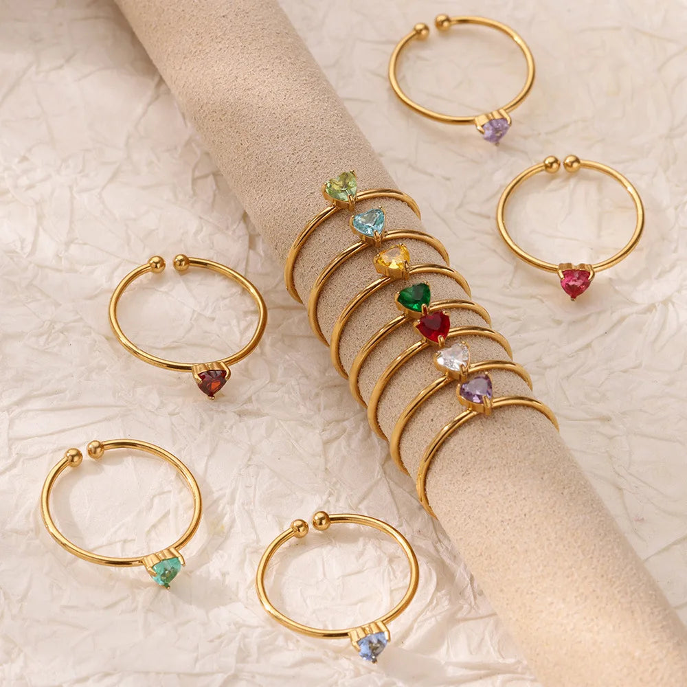 Zircon Heart Birthstone Rings For Women Gold Color Adjustable Stainless Steel Birthstone Heart Ring  Wedding Jewelry Gift BFF