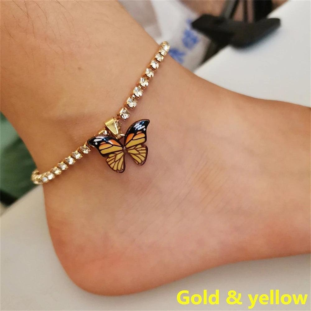 Bohemian Metal Butterfly Anklet Bracelet Colorful Bling Bling Tennis Anklet For Women Girls Summer Beach Foot Chain Accessories
