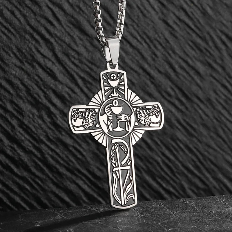 Catholic Jesus Cross Stainless Steel Pendant Necklace for Men Women Vintage Christian Prayer Jewelry