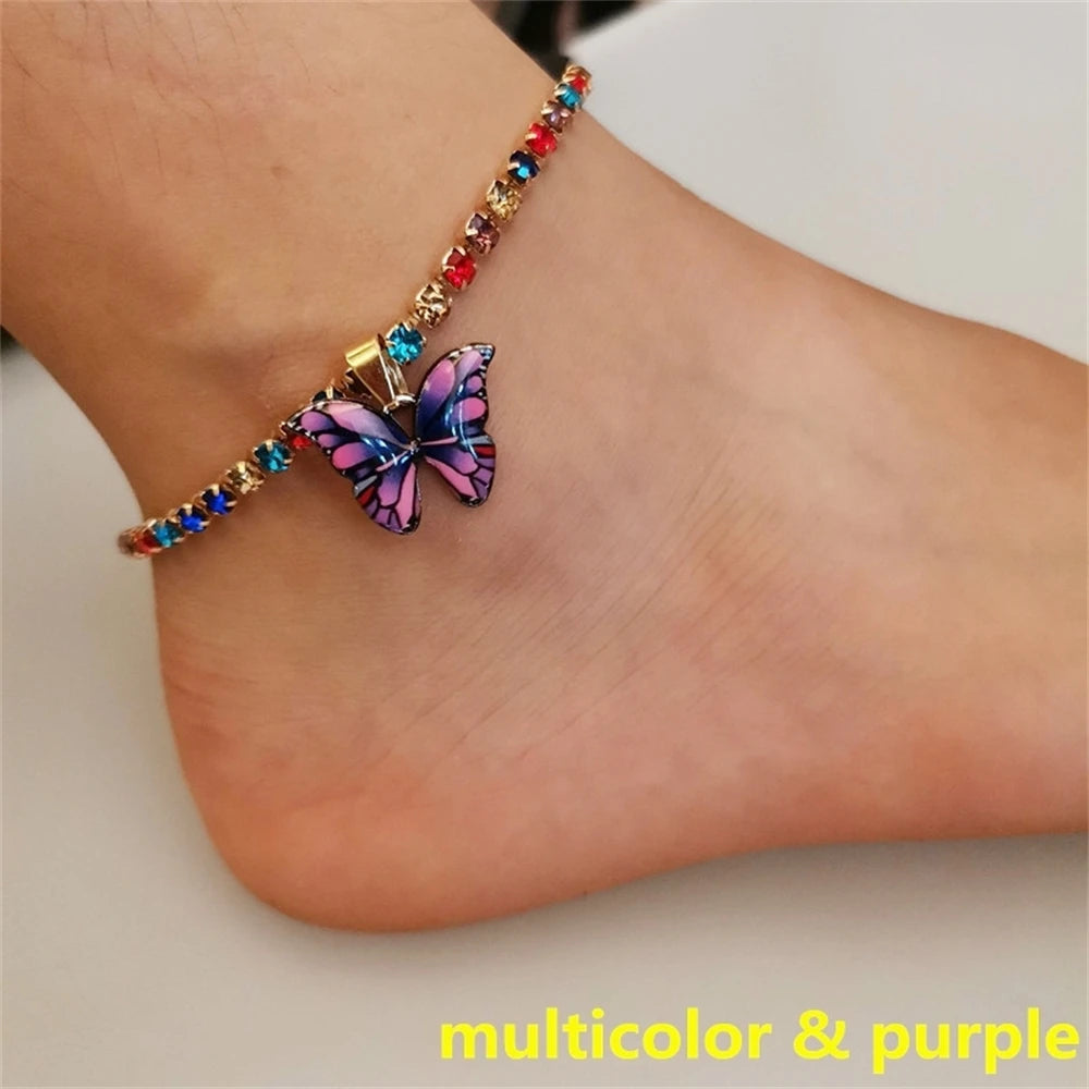 Bohemian Metal Butterfly Anklet Bracelet Colorful Bling Bling Tennis Anklet For Women Girls Summer Beach Foot Chain Accessories