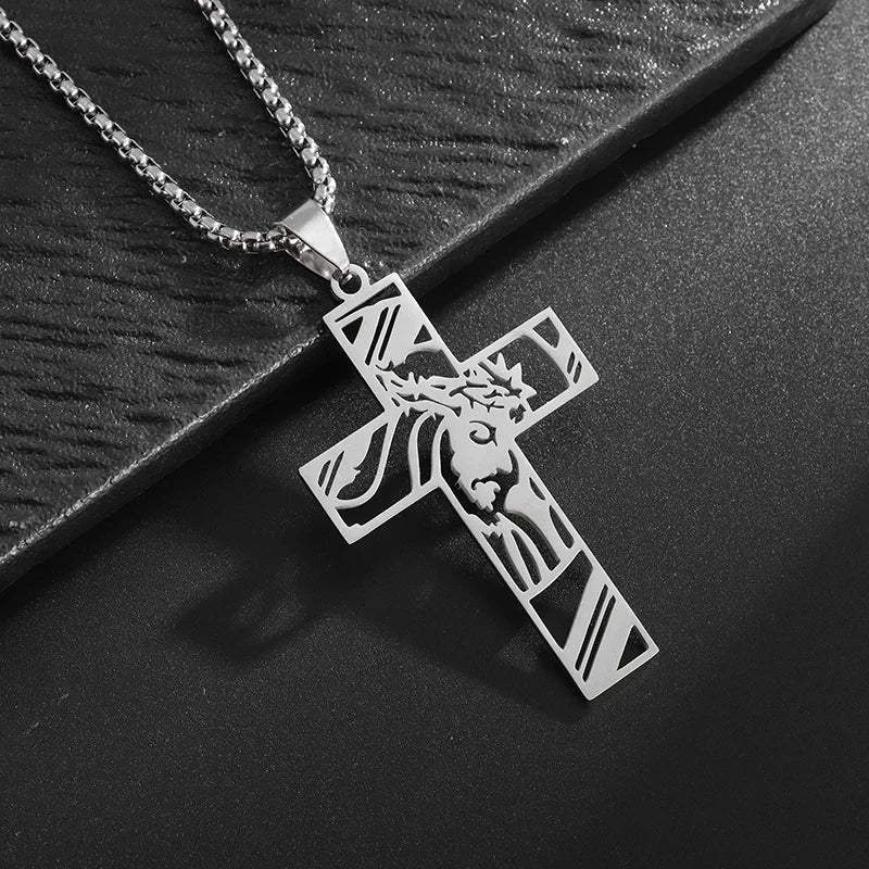 Catholic Jesus Cross Stainless Steel Pendant Necklace for Men Women Vintage Christian Prayer Jewelry