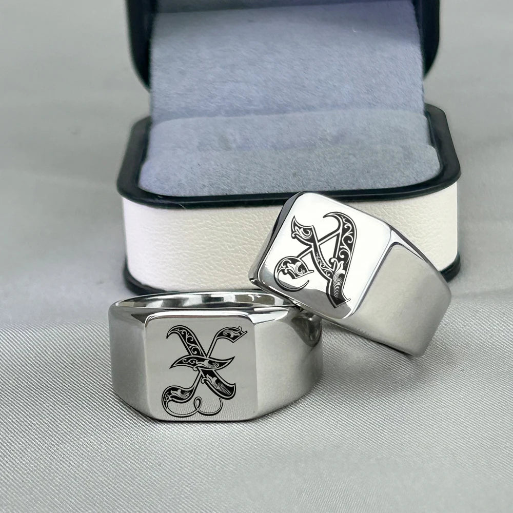 Personalised Initial Engrave A to Z Alphabet Stainless Steel Signet Blank Plain Ring Band High Polished Gold Color Tone U.S.Size