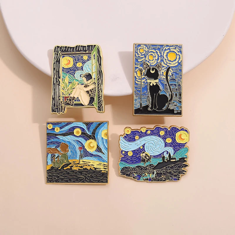 Oil Painting 3-5pcs/Set Enamel Pins Tarot Cards Night Sky Black Cat Brooches Lapel Badge Punk Gothic Jewelry Gift for Friends