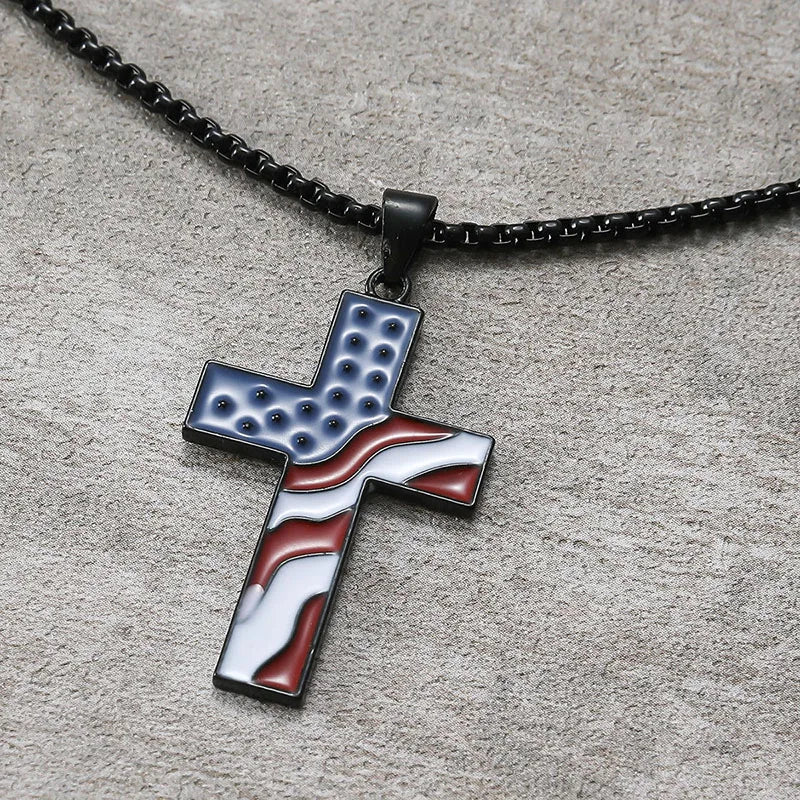 Stainless Steel Chains American Flag Necklace Jesus Christ Cross Pendant Enamel USA Flag Patriotic Christian Jewelry Long Chain