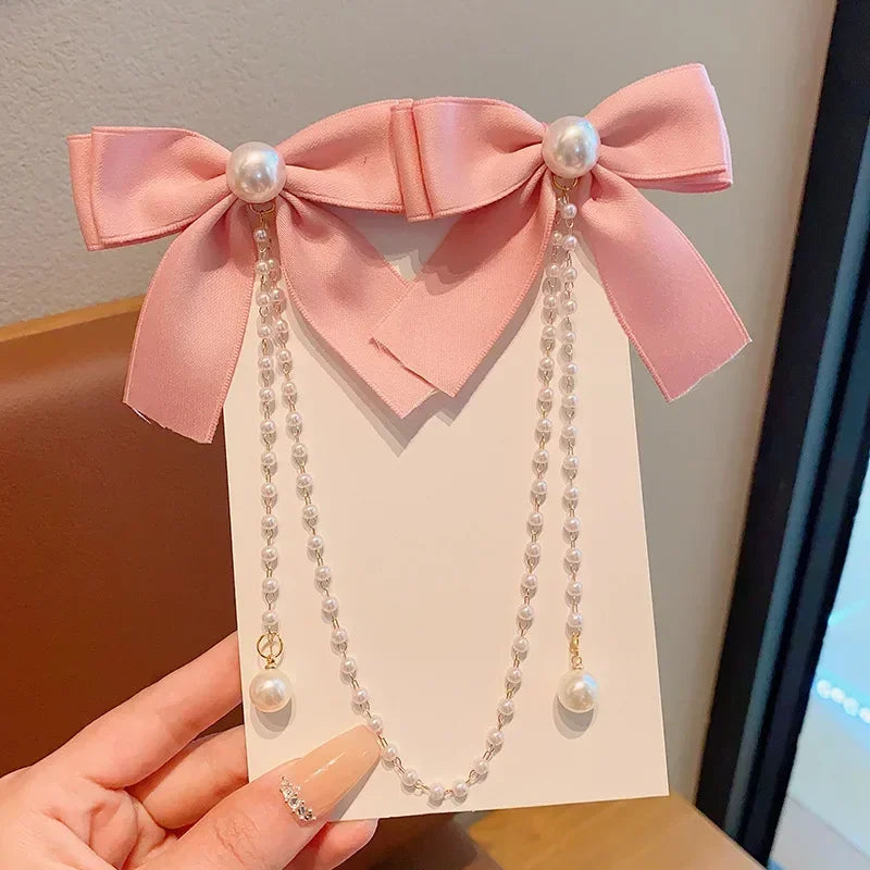 New Elegant Pearl Bow Tassel Hair Clips Solid Velvet Hair Claw Children Princess Hairpins Hair Accessories Заколка Для Волос