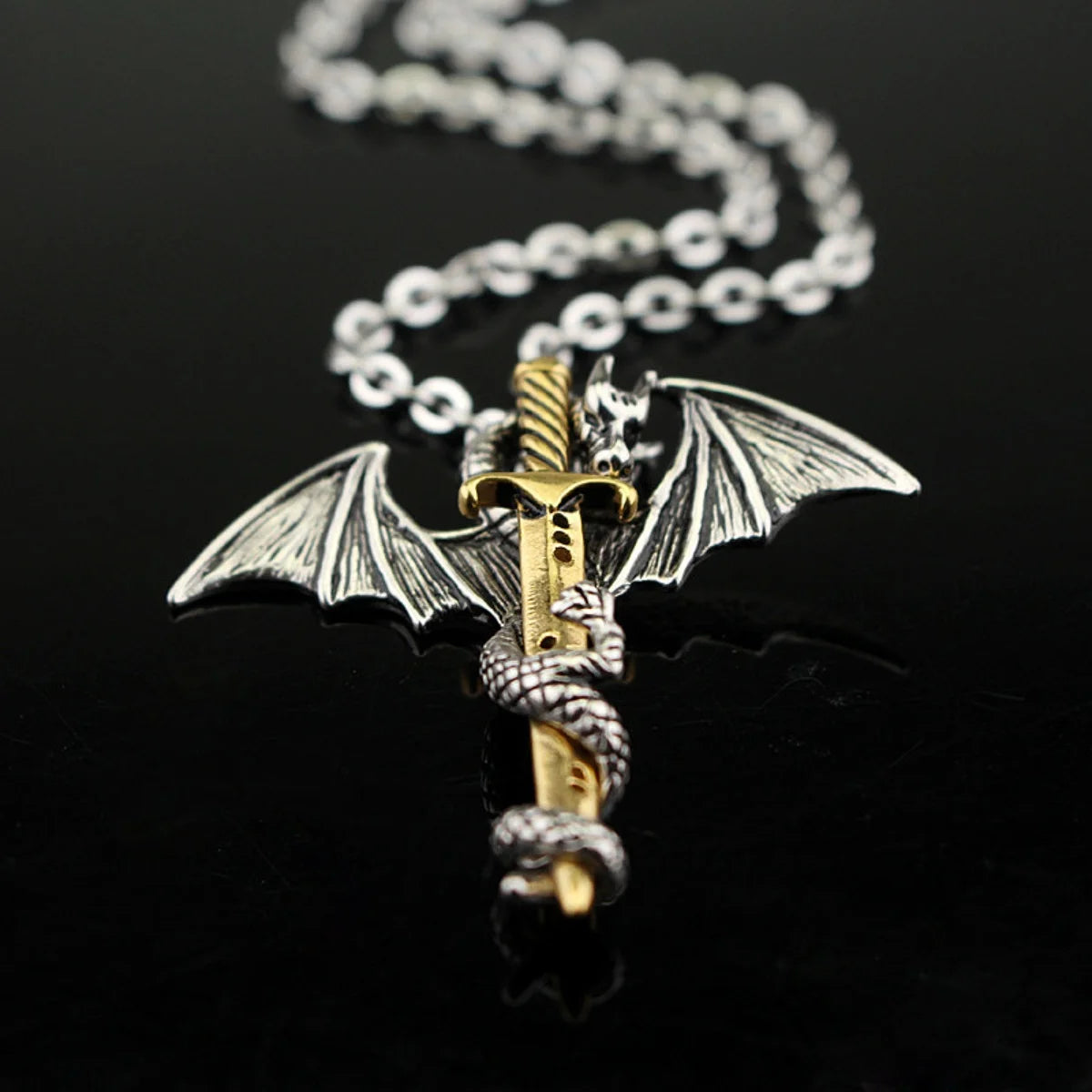Fashion Vintage Charm Pterosaurs Sword Necklace Flying Dragon With Wings Rolled Pendant Cross Punk Jewelry Men Women