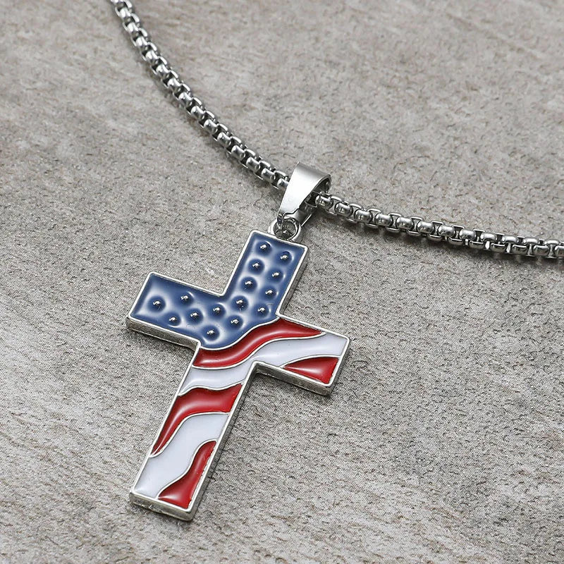 Stainless Steel Chains American Flag Necklace Jesus Christ Cross Pendant Enamel USA Flag Patriotic Christian Jewelry Long Chain