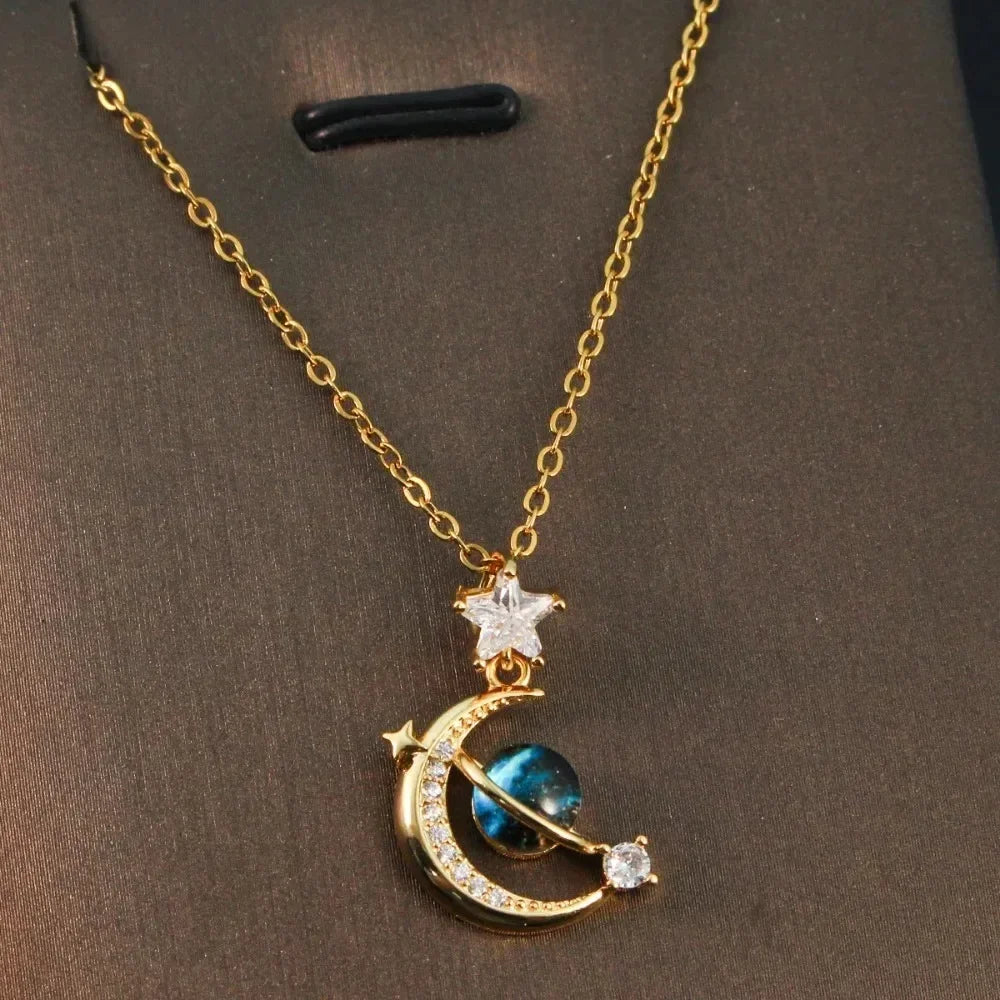 Fashion Planet Moon and Star Opal Pendant Necklace for Women Charm Gold Color Stainless Steel Spaceman Choker Jewelry Accessory