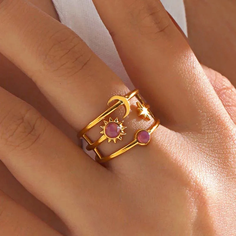 Stainless Steel Star Moon Sun Open Rings For Women Punk Hip Hop Metal Multilayer Finger Rings Jewelry Accessories Gift