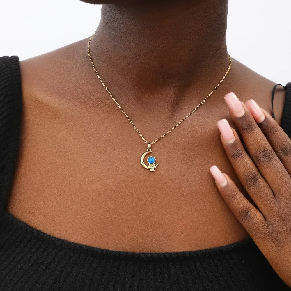 Fashion Planet Moon and Star Opal Pendant Necklace for Women Charm Gold Color Stainless Steel Spaceman Choker Jewelry Accessory