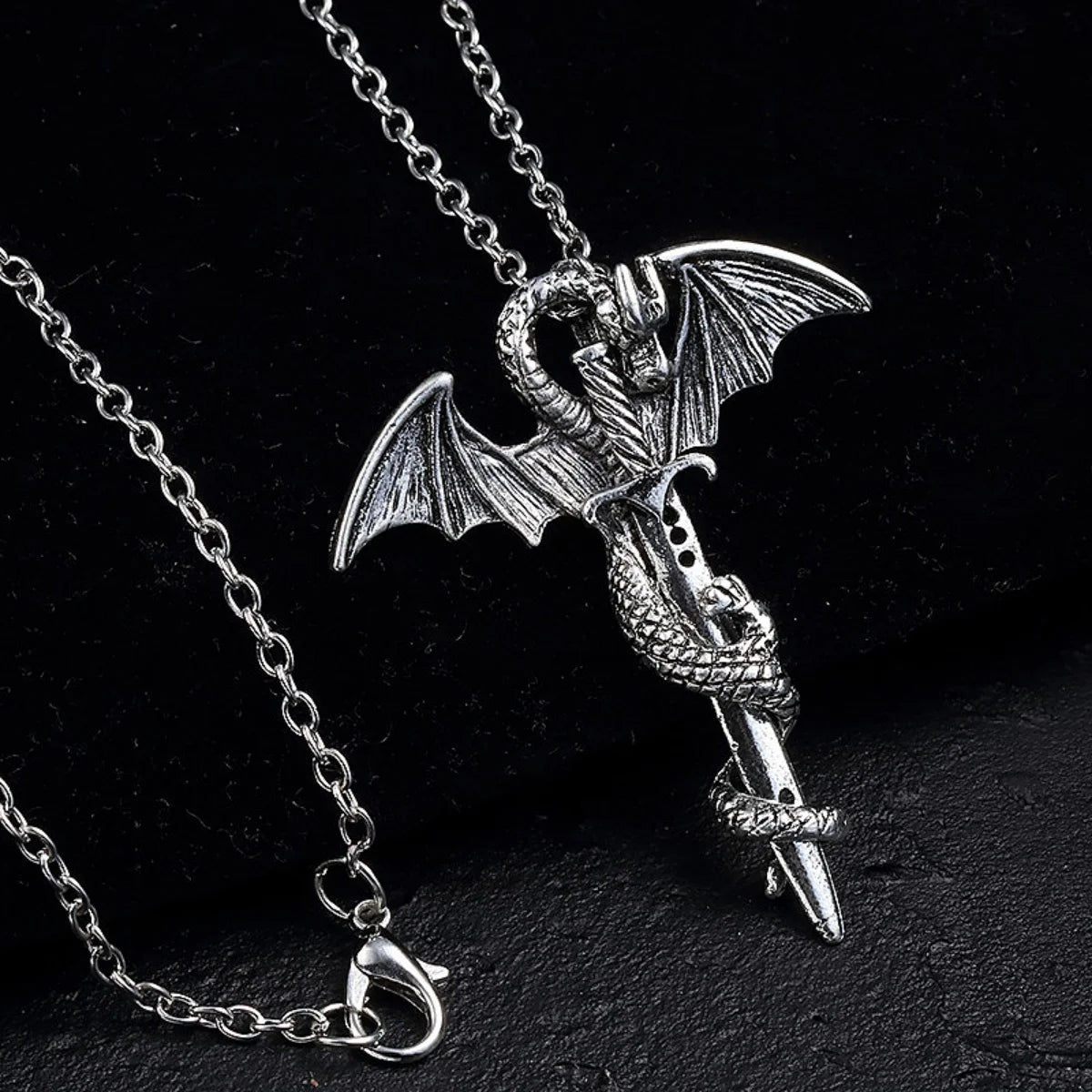 Fashion Vintage Charm Pterosaurs Sword Necklace Flying Dragon With Wings Rolled Pendant Cross Punk Jewelry Men Women