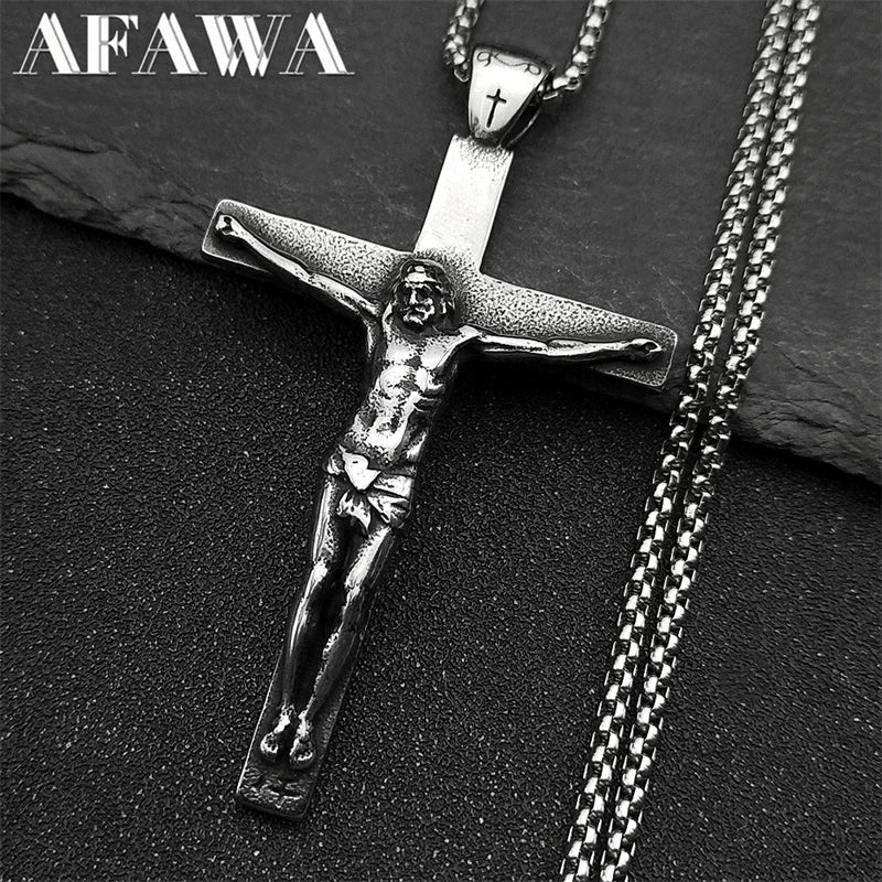 Stainless Steel Christian Jesus Cross Crucifix Pendants Necklaces for Men Women Silver Color Chain Necklaces Jewelry Gift