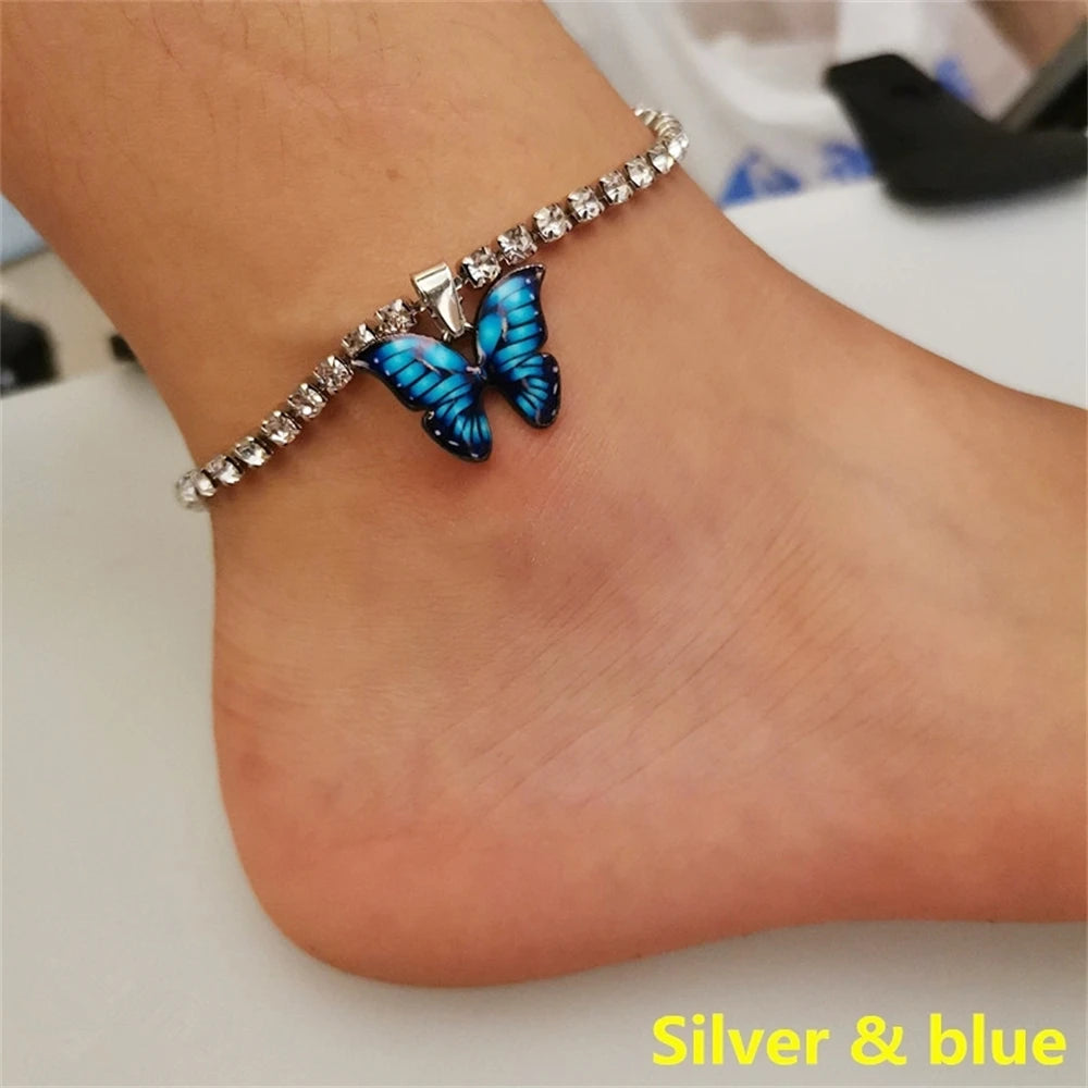 Bohemian Metal Butterfly Anklet Bracelet Colorful Bling Bling Tennis Anklet For Women Girls Summer Beach Foot Chain Accessories