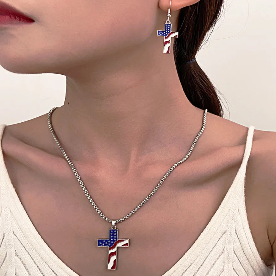 Stainless Steel Chains American Flag Necklace Jesus Christ Cross Pendant Enamel USA Flag Patriotic Christian Jewelry Long Chain