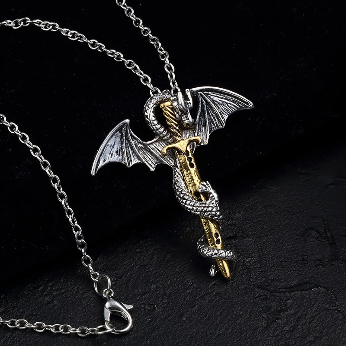 Fashion Vintage Charm Pterosaurs Sword Necklace Flying Dragon With Wings Rolled Pendant Cross Punk Jewelry Men Women