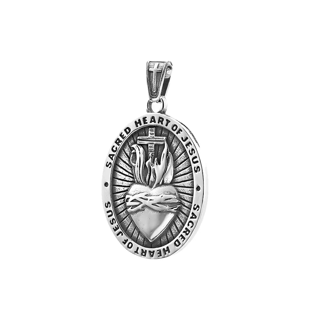 Fashion Vintage Sacred Heart of Jesus Necklace for Men Women 316L Stainless Steel Religious Cross Pendant Biker Amulet Jewelry