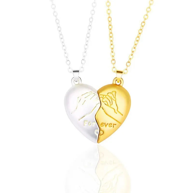 2Pcs Magnet Heart Forever Stitching Necklace Set for Women Lover Couple Gift Metal Romantic Hand Pendant Chain Valentine Jewelry