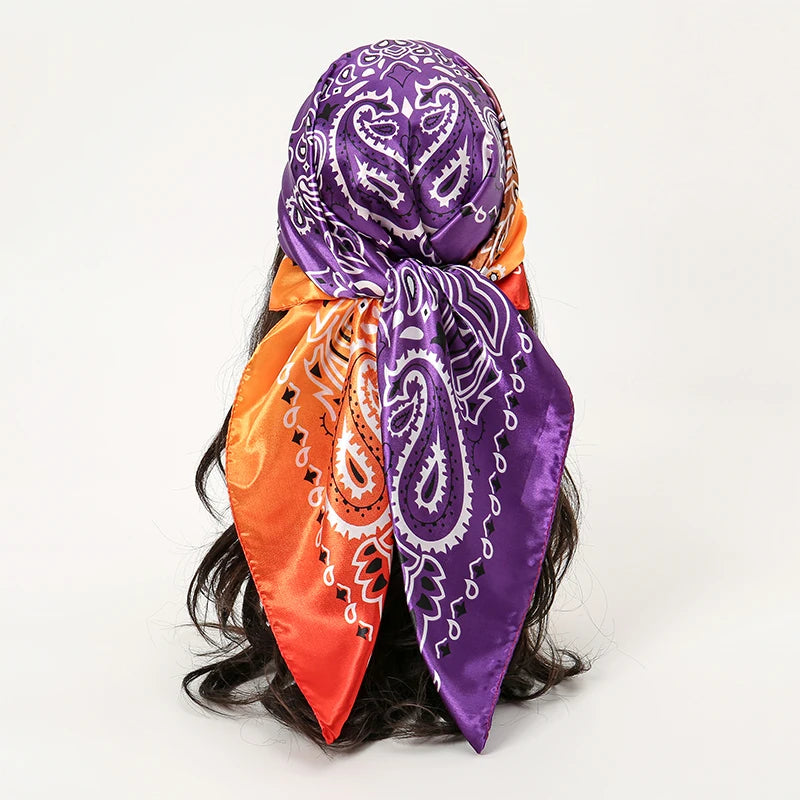 Satin Square Scarf Women Muslim Hijab Elegant 2025 Print Silk Neckerchief Shawl Wraps Headband Handle Hair Accessories Bandana