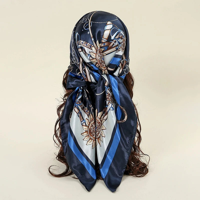 Satin Square Scarf Women Muslim Hijab Elegant 2025 Print Silk Neckerchief Shawl Wraps Headband Handle Hair Accessories Bandana