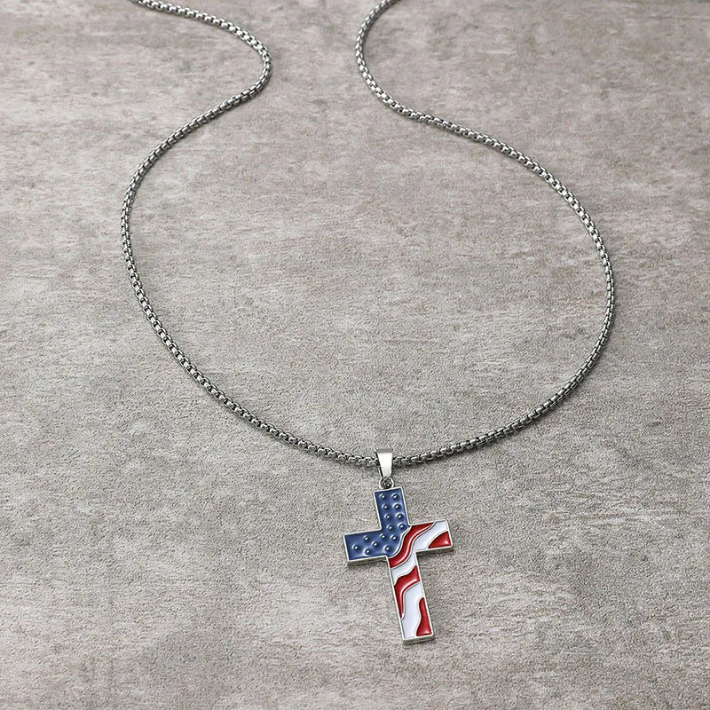 Stainless Steel Chains American Flag Necklace Jesus Christ Cross Pendant Enamel USA Flag Patriotic Christian Jewelry Long Chain