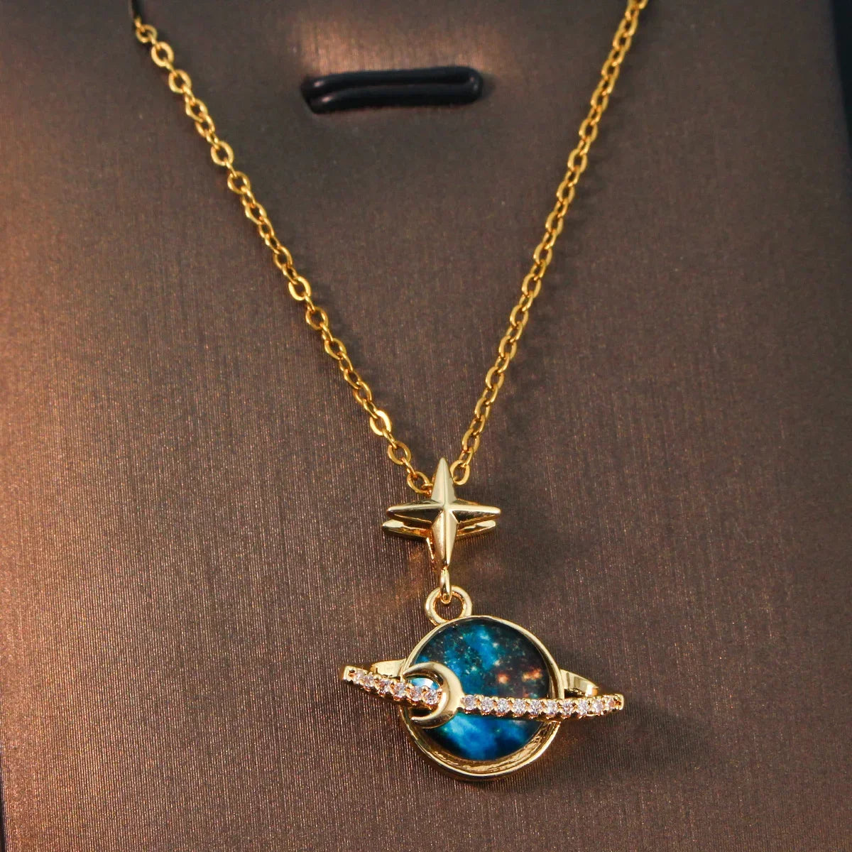 Fashion Planet Moon and Star Opal Pendant Necklace for Women Charm Gold Color Stainless Steel Spaceman Choker Jewelry Accessory