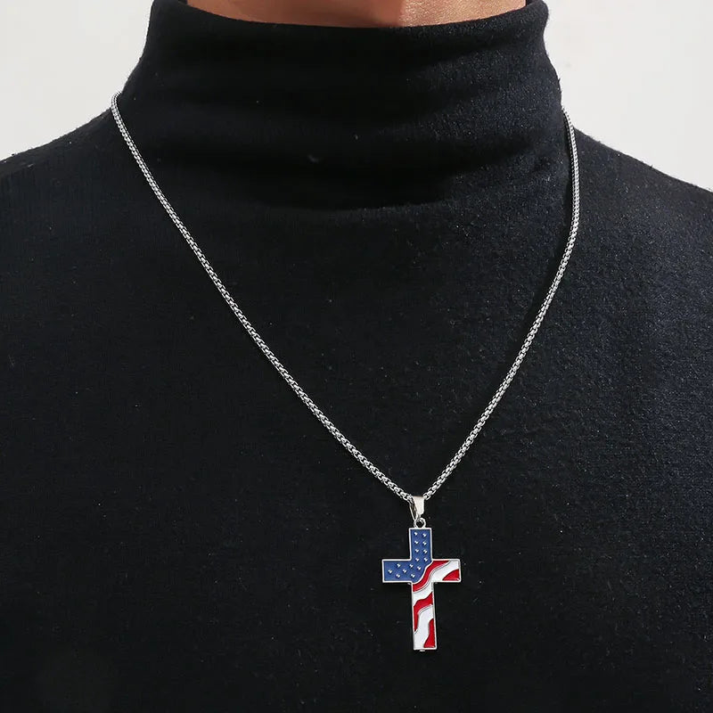 Stainless Steel Chains American Flag Necklace Jesus Christ Cross Pendant Enamel USA Flag Patriotic Christian Jewelry Long Chain
