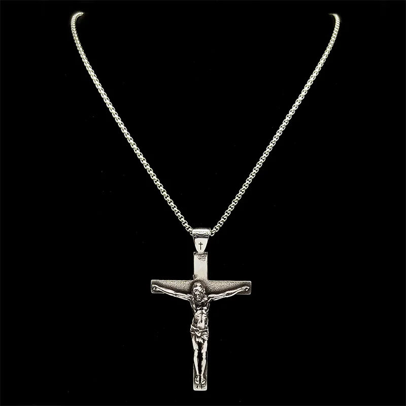 Stainless Steel Christian Jesus Cross Crucifix Pendants Necklaces for Men Women Silver Color Chain Necklaces Jewelry Gift