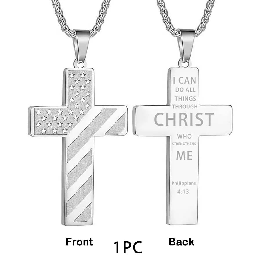 Collier Homme Male Stainless Steel Necklace USA Flag Cross Necklaces for Man Collar Hombre Bible Verse Necklace Man Jewelry