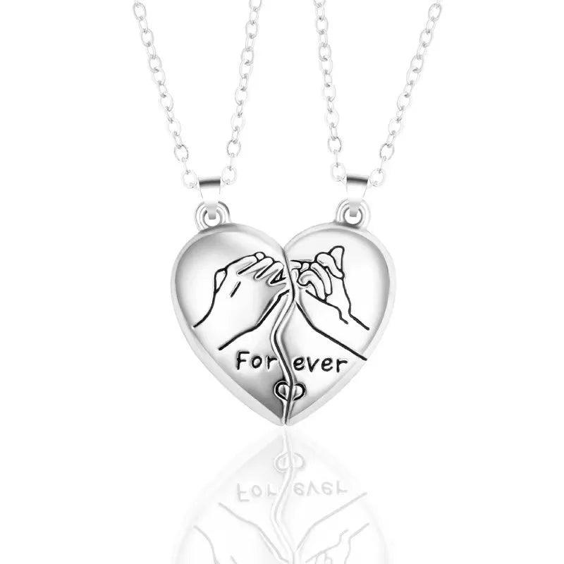 2Pcs Magnet Heart Forever Stitching Necklace Set for Women Lover Couple Gift Metal Romantic Hand Pendant Chain Valentine Jewelry