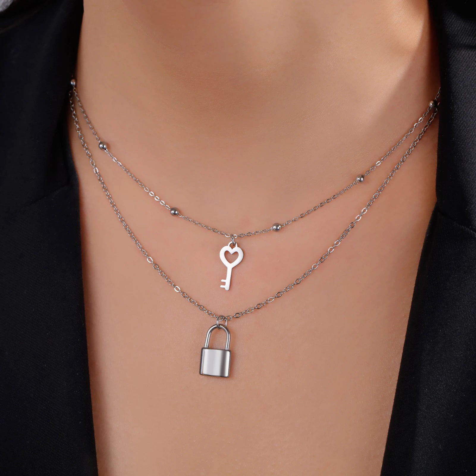 Skyrim Key Padlock Pendant Stainless Steel Necklace Gold Color Women Double Layer Chain Necklaces Trendy Jewelry Wedding Gifts