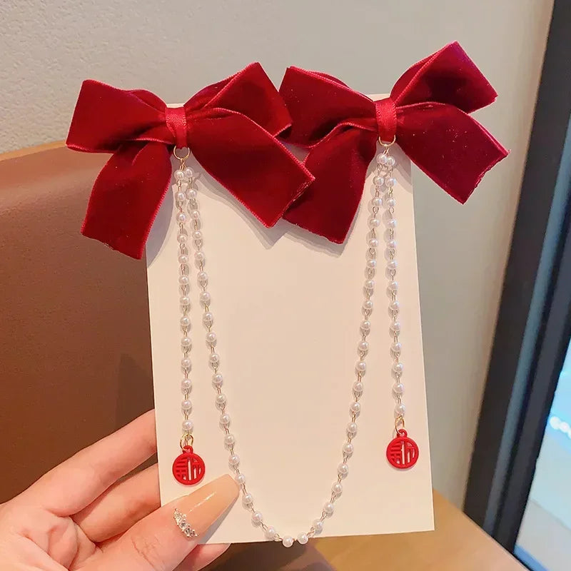 New Elegant Pearl Bow Tassel Hair Clips Solid Velvet Hair Claw Children Princess Hairpins Hair Accessories Заколка Для Волос