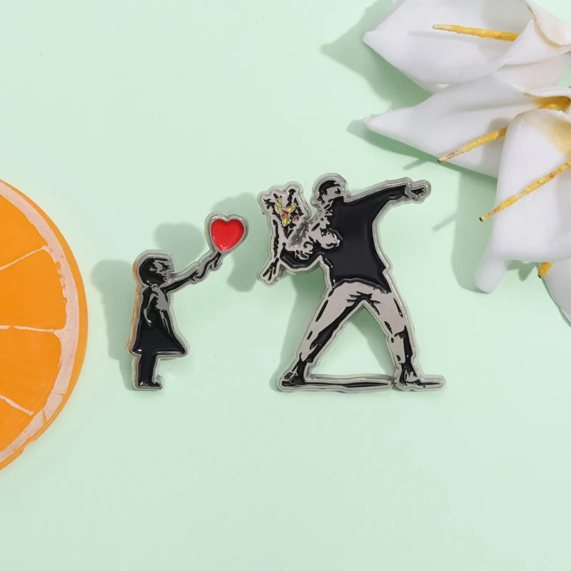 Classic Banksy Art Design Collection Brooch Enamel Pin Flower Thrower Boy Red Balloon Girl Badge Decoration Lapel Jewelry Gift