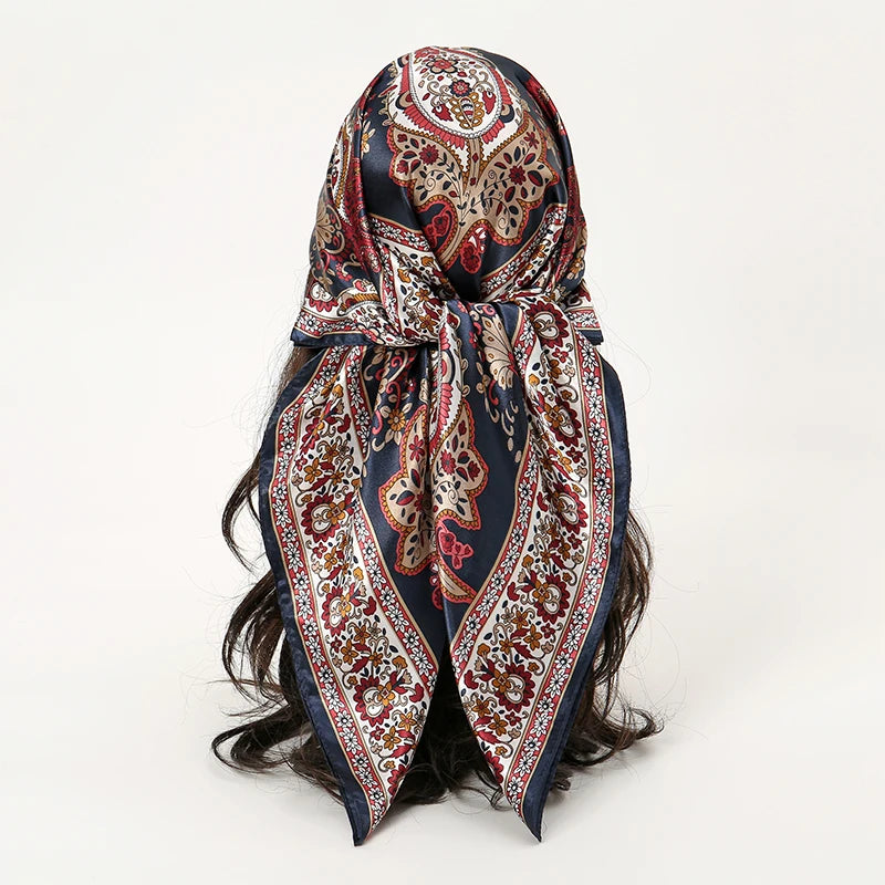 Satin Square Scarf Women Muslim Hijab Elegant 2025 Print Silk Neckerchief Shawl Wraps Headband Handle Hair Accessories Bandana