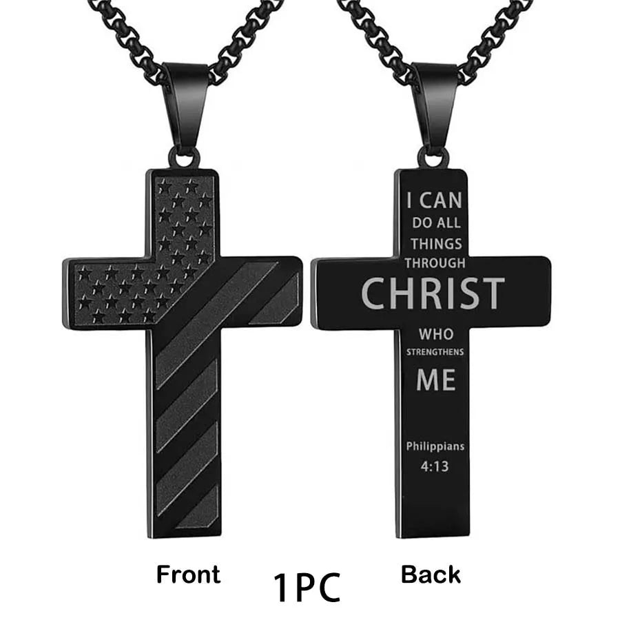Collier Homme Male Stainless Steel Necklace USA Flag Cross Necklaces for Man Collar Hombre Bible Verse Necklace Man Jewelry
