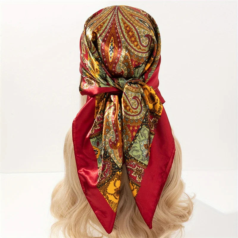 Satin Square Scarf Women Muslim Hijab Elegant 2025 Print Silk Neckerchief Shawl Wraps Headband Handle Hair Accessories Bandana