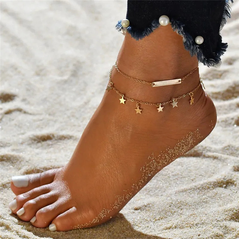 Modyle New Fashion Bohemian Simulated Pearl Chain Wedding Anklet Bracelet for Women Gold Color Shell Pendant Anklet Jewelry Gift