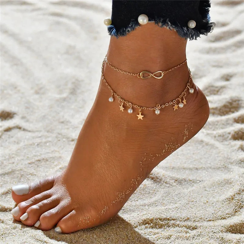Modyle New Fashion Bohemian Simulated Pearl Chain Wedding Anklet Bracelet for Women Gold Color Shell Pendant Anklet Jewelry Gift