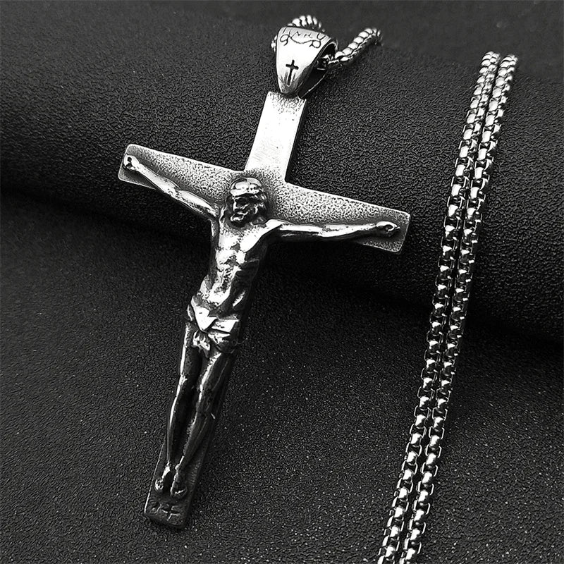 Stainless Steel Christian Jesus Cross Crucifix Pendants Necklaces for Men Women Silver Color Chain Necklaces Jewelry Gift