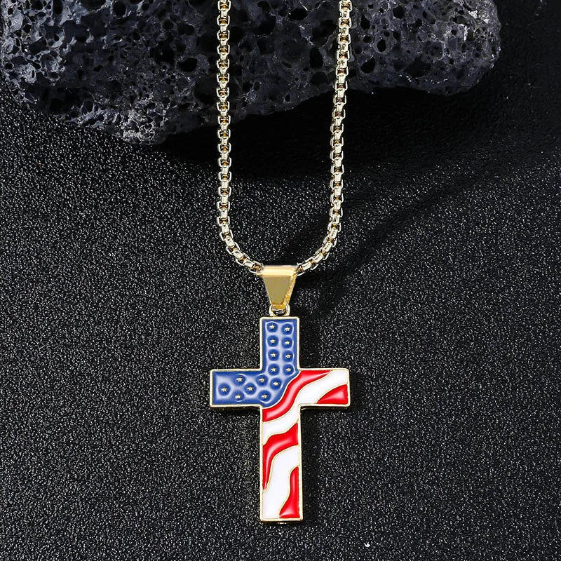 Stainless Steel Chains American Flag Necklace Jesus Christ Cross Pendant Enamel USA Flag Patriotic Christian Jewelry Long Chain